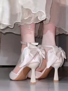 French Butterfly Knot Thin Heel Sandals Womens Summer New Fairy Style White High Heels Fashionable Princess Style Slip-On Shoes