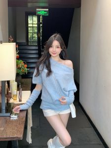 Blue Asymmetrical Shoulder Sleeveless Knitted Sweater Womens Autumn Winter Soft Cozy High-End Feeling Exposed Shoulder Top