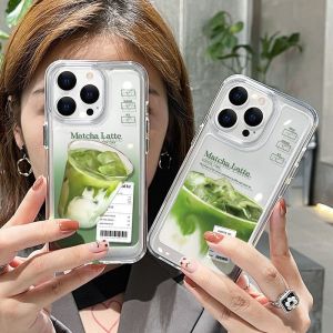  Summer Matcha Iced Latte Creative Transparent Protective Case for  14 11/12Promax XS/XR Anti-Fall  Shell
