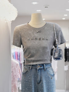 เสื้อยืดแขนสั้นทรงสลิมฟิตประดับเพชร 3 มิติ ลายดอกไม้ สำหรับผู้หญิง เสื้อยืดคอกลมแขนสั้นทรงสลิมฟิตสำหรับฤดูร้อน