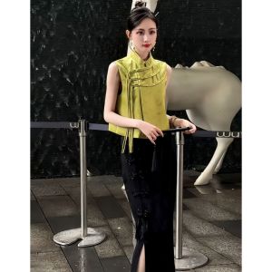 New Summer 2025 Chinese National Style Embroidered Button Stand Collar Womens Top High Waist Half Skirt Two Piece Set
