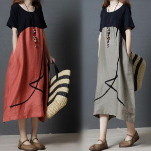 Summer Casual Fashion Striped Short Sleeve Cotton Lin Dress Loose Slimming Womens Midi Skirt Korean Style Print Pocket Detail