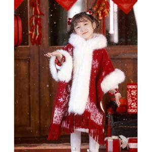 Red Winter Thickened Fleece Childrens Cheongsam Dress Festive Celebration New Years Outfit for Girls Traditional Chinese Style
