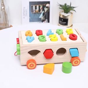Wooden Car Blocks Shape Digital Montessori Matching Game Building Blocks Toddler Drag Trailer Box Kids Education