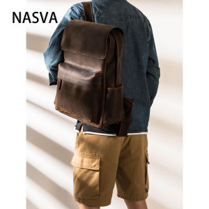 NASVA Vintage Men's Leather Backpack Black Casual School or Business 15.6 "กระเป๋าเป้สะพายหลังแล็ปท็อป