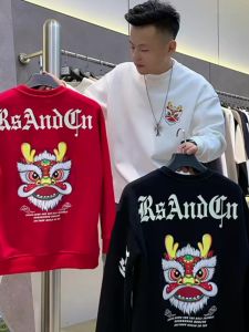 Red Printed Long Sleeve round Neck Sweatshirt Mens Fashionable Comfortable Cotton Polyester Spring Autumn Winter Casual Shirt