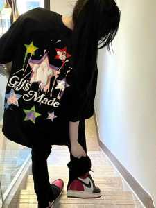 เสื้อยืดแขนสั้นผู้หญิงสไตล์ย้อนยุคสไตล์อเมริกัน ทรงหลวม ลายดาว แฟชั่นฤดูร้อน เสื้อผ้าทำงานสไตล์เกาหลี คอกลม แขนสั้น