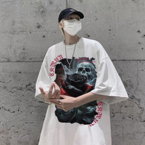 100% Pure Cotton Heavyweight American Skull Rose Summer INS Short Sleeve Half Sleeve T-Shirt Mens Loose Trendy Brand T-Shirt