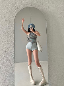 Younggirlday กางเกงยีนส์ขาสั้นรัดสะโพกขาแบบโค้งปล่อยชายไม่เท่ากันใส่แล้วดูผอมเอวสูงเซ็กซี่สาวแซ่บแพนท์