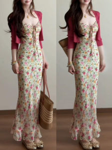 HUAYILING | Floral Strap Dress Suit
