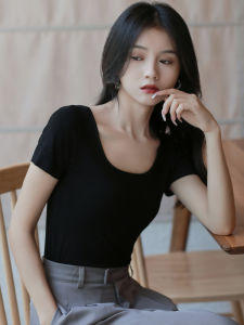 Low-Neck Ice-Silk Modal Short-Sleeve T-Shirt Womens Summer Thin Base Shirt U-Neck Inner Wear Low-Neck Base Shirt