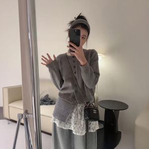 XUECAIQI | 2026 New Autumn Winter Set Grey Knit Cardigan and Patchwork Pants