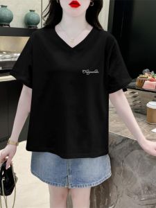 Summer 2025 Fashionable Slimming V-Neck Loose Cotton T-Shirt Womens plus Size Short Sleeve Comfortable Breathable Top