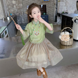 Spring Summer Childrens Hanfu Set Kindergarten Performance Outfit Two Piece Skirt Girls Style New 2025 Polyester Fiber