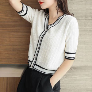 Ice Silk Knitted Short Sleeve Womens Summer with Loose Pants Tops with Skirt Thin Half Sleeve V-neck High Waist T-shirt Short