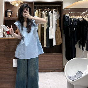 Blue Lace Earlet Sleeveless Shirt Womens Loose Style Korean Fashion Summer Casual Slimming Top Outerwear V-neck Regular Length