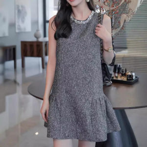 Fall New Style Small Fragrance Wind Large Size Sleeveless Dress Heavy Embellished Sequins Luxury Elegant Ladylike Womens Dress