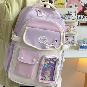 กระเป๋าเป้สะพายหลังผ้าไนลอนลายสีม่วง ความจุขนาดใหญ่ กระเป๋าใส่หนังสือ กระเป๋าสะพายไหล่สองข้างสำหรับนักเรียนมัธยมปลาย กระเป๋าแฟชั่นสตรีท