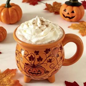 Halloween Ceramic Cauldron Mug Pumpkin Shaped Coffee Cup Glossy Finish with Handle Reusable Hot Beverage Container for Adults