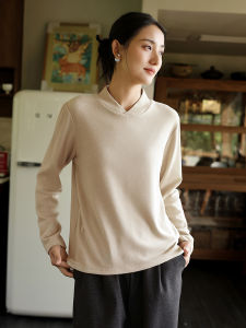 Autumn Winter Chinese Style V-Neck Solid Color Long Sleeve T-Shirt Half High Neck Thermal Base Shirt Womens Outerwear Innerwear Warm Top