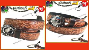 เข็มขัดหนังวัวแท้ลายดอกแหลมติดค้อย ซื้อ1ฟรี2 เข็มขัดหนังวัวแท้เย็บขอบ+หัวเข็มขัด แถมฟรีพวงกุญแจ เข็มขัดหนังวัวงานแฮปวี่ เข็มขัดแนวคาวบอย เข็มขัดสไตล์วินเทจ ผลิตจากหนังวัว100% ย้อนยุค ลำลอง ทนทาน สามารถถอดเปลี่ยนหัวเข็มขัดได้เจาะรูให้ Genuine leather belt