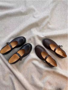 Lamb Leather Mary Jane Flat Shoes with Buckle round Head Thick Bottom Simple French Style Commuting Womens Footwear Casual