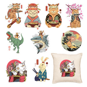 Japanese Ukiyo Cat Series Thermal Transfer Sticker High Definition Print Iron-On Patches For Schoolbag Washable Applique Decor