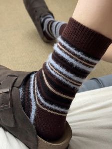 Autumn Winter Retro Stripes Blue Brown Combination Beautiful Shoe Covers for Women Outdoor Use No Brand Registered Trademark