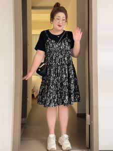 Plus Size French Hepburn Style Fake Two-Piece Dress Summer Plus Size Ladies Slim Looking Loose Belly-Covering Petite Skirt