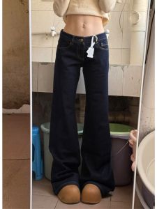 Tall Womens Extended American Retro Micro Flared Jeans Low Waist Loose Fit Spring New Style Deep Blue Denim Bootcut Pants