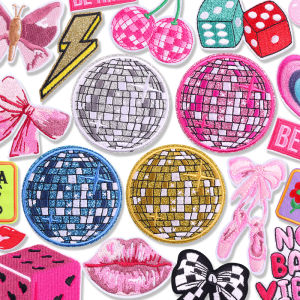 Cartoon Pink Series Embroidered Patches DIY Cherry Bow Disco Patch Iron On Patches For Clothing Jackets Hats Shoes Sew Badges