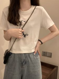 เสื้อยืดแขนสั้นสีขาว ทรงเข้ารูป คอกลม ผ้าคอตตอนผสม แฟชั่นฤดูร้อน สำหรับผู้หญิง เสื้อผ้าทำงานสไตล์เกาหลี