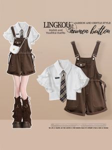 NUMEN BUTTON | Summer Plus Size College Style Womens Flutter Sleeve Shirt Slim Fit Overalls Set