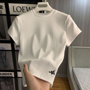 White Short Sleeve Embroidered T-Shirt Womens Summer New Design round Neck Slim Fit Ribbed Top Korean Style Commute Fashion