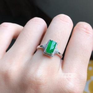 Emerald Jade Rectangular Face Silver Plated Ring Adjustable