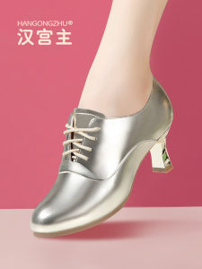 Gold Leather Latin Dance Shoes Womens Adult Medium High Heel Four Seasons Dance Shoes Social Square Dance Soft Bottom