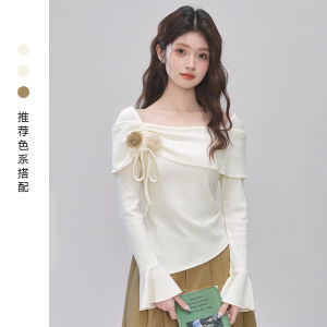 French Design Knitted Sweater Womens Sweet Bottoming Shirt Asymmetrical Bell Sleeve One-Shoulder Comfortable Soft Long Sleeve
