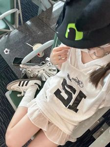 Retro American Sport Vest Top Sleeveless Loose Fit Womens T-shirts Summer Casual Splicing Design Fast Dry Creative Print