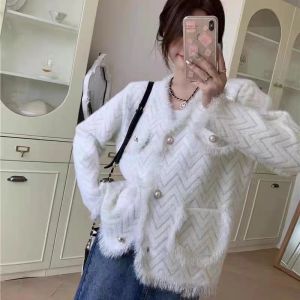 Korean Style V-Neck Woolen Knitted Coat Womens Fashion Tassel Trim Spring Autumn New Arrival Long Sleeve Crystal Velvet Top