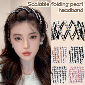 Retractable Foldable Pearl Hairband Portable Travel Hairband with Toothed Anti-slip Messy Hair Headband Wash Face Hairband Hair Accessories
