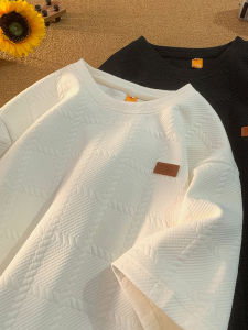 Fashionable Mens Short Sleeve T-Shirt Textured Embroidery Heavyweight Summer 2024 New Style Seven-Arm Trendy Brand Casual Wear