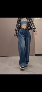 ยินดีต่อไป! กางเกงยีนส์ขากว้างเอวสูงผู้หญิง ทรงหลวมและกางเกงซับออกแบบดีไซน์จับจีบ 4 カラー