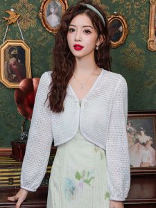 2025 New Chinese Style Button up Long Sleeve Womens Outerwear Hollow out Cardigan Summer Sun Protection Short Jacket