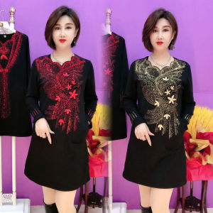 Thickened Fleece Long Sleeve Embroidered Diamond Glue Womens Dress Autumn Winter A-Line Skirt Loose Belly Covering Base Dress