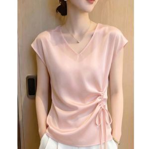 Áo Blouse Ôm Body Cổ V Có Nếp Nhăn Ở Eo
