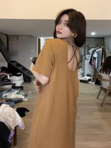 ชุดเดรสคอตั้งแขนสั้นทรงหลวมสไตล์ฮ่องกง ทรงหลวม สไตล์ย้อนยุค ดีไซน์เรียบง่าย แขนกุด ผ้าฝ้าย ฤดูร้อน