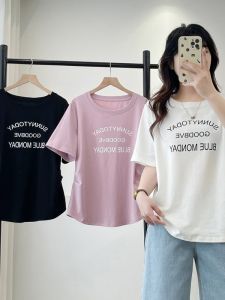 เสื้อยืดคอกลมพิมพ์ลายสำหรับผู้หญิงไซส์ใหญ่ในช่วงฤดูร้อนปี 2025 ทรงหลวม สไตล์เกาหลี แขนสั้น ทรงเข้ารูป ทรงเข้ารูป