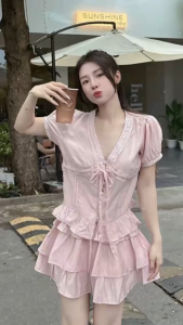 L_ Set du lịch mặc hè set thiết kế tiểu thư Quảng Châu chất Ren có lót áo thắt nơ nút bọc tay bồng mix váy mini có quần