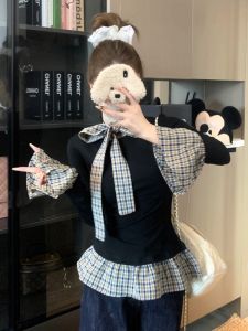 GUZILIAN | เสื้อยืดแขนยาวสีดำลายสก็อตสำหรับผู้หญิงในฤดูใบไม้ร่วงและฤดูหนาว เสื้อเชิ้ตผู้หญิงแบบมีโบว์ผูกคอ ทรงหลวม แขนยาว คอกลม