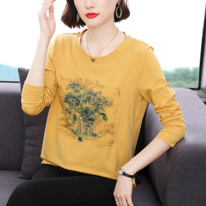 Spring Autumn Pure Cotton Long Sleeve T-Shirt Womens Base Layer Shirt Outerwear Moms Fashion Top Comfortable Breathable
